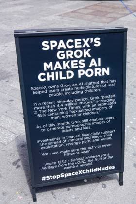 New York, NY- June 11th: A Giant Inflatable Sculpture of Elon Musk in Times Square Manhattan on June 11, displays the statement Ã¢â‚¬oeSpace XÃ¢â‚¬â ¢s Grok Makes AI Child PornÃ¢â‚¬Â.on June 11, 2026 Credit: Camara Porter USA - ZUMAa123 20260611_zaa_a123_017 Copyright: xAdMediax