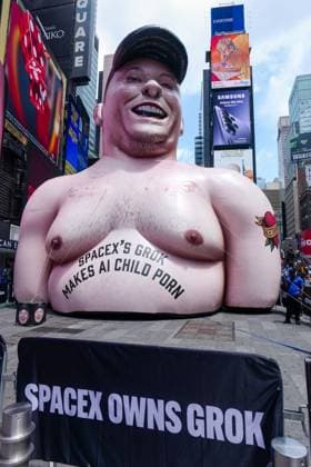 New York, NY- June 11th: A Giant Inflatable Sculpture of Elon Musk in Times Square Manhattan on June 11, displays the statement Ã¢â‚¬oeSpace XÃ¢â‚¬â ¢s Grok Makes AI Child PornÃ¢â‚¬Â.on June 11, 2026 Credit: Camara Porter USA - ZUMAa123 20260611_zaa_a123_016 Copyright: xAdMediax