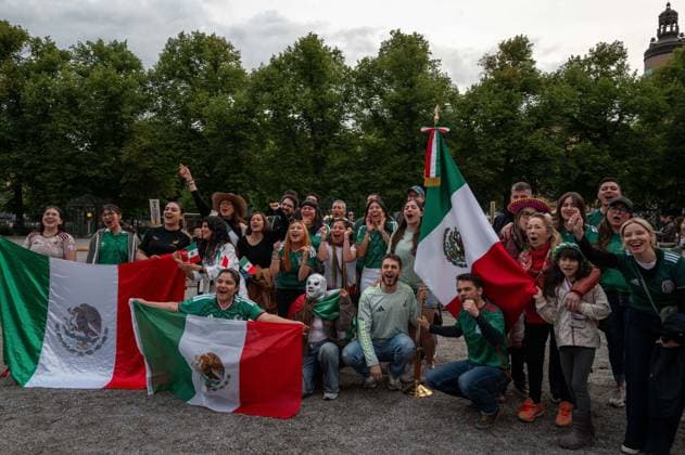 June 11, 2026, Stockholm, Stockholm County, Sweden: Football fans gather in central Stockholm, Sweden, on June 11, 2026, to watch the opening match of the 2026 FIFA World Cup between Mexico and South Africa. Members of the Mexican diaspora and other supporters attended the public viewing event organized by the Mexican Embassy in Sweden, creating a festive atmosphere ahead of the tournament opener. Stockholm Sweden - ZUMAa136 20260611_zap_a136_002 Copyright: xJoelxLindhex