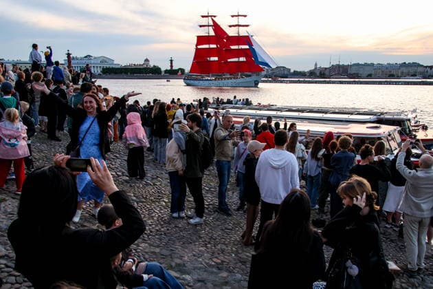 RUSSIA, ST PETERSBURG - JUNE 11, 2026: The Rossiya Russia brig sails on the Neva River during a rehearsal of the Scarlet Sails festival, an annual celebration for secondary school graduates. This year, the annual festival will be held on 27-28 June. Peter Kovalev TASS  93678365
