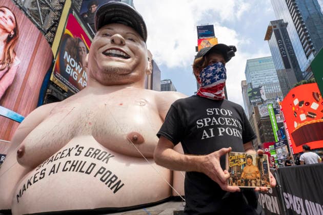 A person protests SpaceX s IPO in front of a giant inflatable Elon Musk in Times Square, New York, USA, 11 June 2026. Protest in Times Square with an Elon Musk effigy !ACHTUNG: NUR REDAKTIONELLE NUTZUNG!  Copyright: xÁngelxColmenaresx AME718 20260611-55020569256_1