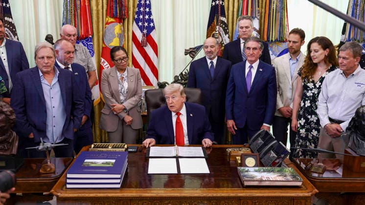 President Donald Trump speaks to reporters about restoring commercial fishing access to areas of the Pacific during a signing ceremony in the Oval Office of the White House in Washington DC on Thursday, June 11, 2026.  WAX20260611803 JIMxLOxSCALZO