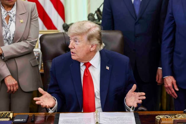 President Donald Trump speaks to reporters about restoring commercial fishing access to areas of the Pacific during a signing ceremony in the Oval Office of the White House in Washington DC on Thursday, June 11, 2026.  WAX20260611810 JIMxLOxSCALZO