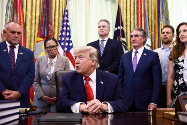 President Donald Trump responds to a question from the news media after signing a proclamation about restoring commercial fishing access to areas of the Pacific in the Oval Office of the White House in Washington DC on Thursday, June 11, 2026.  WAX20260611819 JIMxLOxSCALZO