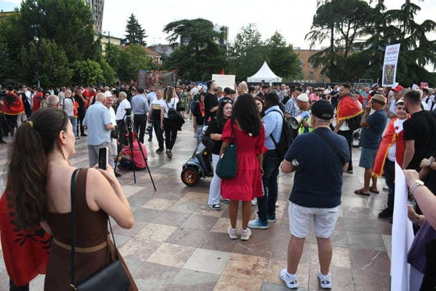 Protests against the Vlora tourism project continue in Albania TIRANA, ALBANIA - JUNE 11: People stage a protest against a planned tourism project in the Zvernec area of Avlonya (Vlora) as they gather at Skanderbeg Square in Tirana, Albania on June 11, 2026. Olsi Shehu Anadolu Tirana Albania. Editorial use only. Please get in touch for any other usage.  Copyright: x2026xAnadoluxOlsixShehux