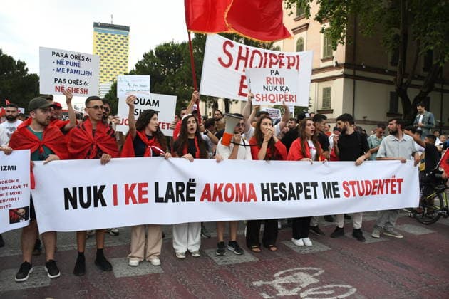 Protests against the Vlora tourism project continue in Albania TIRANA, ALBANIA - JUNE 11: People stage a protest against a planned tourism project in the Zvernec area of Avlonya (Vlora) as they gather at Skanderbeg Square in Tirana, Albania on June 11, 2026. Olsi Shehu Anadolu Tirana Albania. Editorial use only. Please get in touch for any other usage.  Copyright: x2026xAnadoluxOlsixShehux