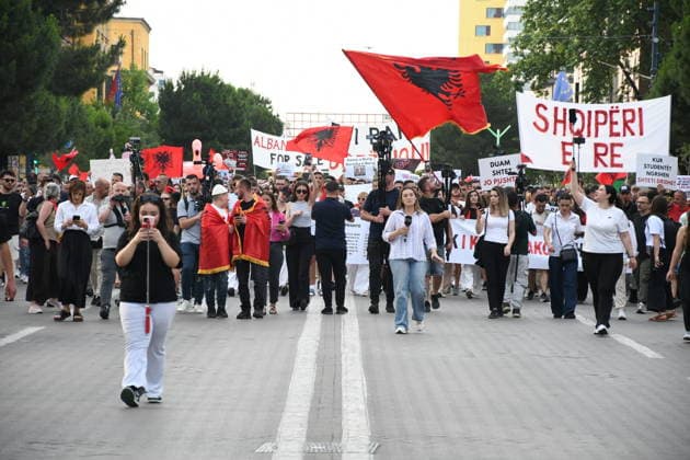 Protests against the Vlora tourism project continue in Albania TIRANA, ALBANIA - JUNE 11: People stage a protest against a planned tourism project in the Zvernec area of Avlonya (Vlora) as they gather at Skanderbeg Square in Tirana, Albania on June 11, 2026. Olsi Shehu Anadolu Tirana Albania. Editorial use only. Please get in touch for any other usage.  Copyright: x2026xAnadoluxOlsixShehux