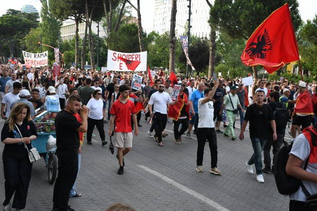 Protests against the Vlora tourism project continue in Albania TIRANA, ALBANIA - JUNE 11: People stage a protest against a planned tourism project in the Zvernec area of Avlonya (Vlora) as they gather at Skanderbeg Square in Tirana, Albania on June 11, 2026. Olsi Shehu Anadolu Tirana Albania. Editorial use only. Please get in touch for any other usage.  Copyright: x2026xAnadoluxOlsixShehux