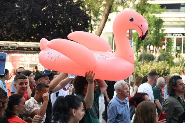 Protests against the Vlora tourism project continue in Albania TIRANA, ALBANIA - JUNE 11: People stage a protest against a planned tourism project in the Zvernec area of Avlonya (Vlora) as they gather at Skanderbeg Square in Tirana, Albania on June 11, 2026. Olsi Shehu Anadolu Tirana Albania. Editorial use only. Please get in touch for any other usage.  Copyright: x2026xAnadoluxOlsixShehux