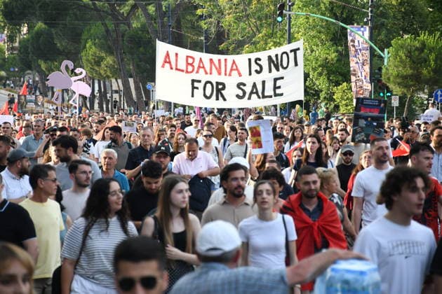Protests against the Vlora tourism project continue in Albania TIRANA, ALBANIA - JUNE 11: People stage a protest against a planned tourism project in the Zvernec area of Avlonya (Vlora) as they gather at Skanderbeg Square in Tirana, Albania on June 11, 2026. Olsi Shehu Anadolu Tirana Albania. Editorial use only. Please get in touch for any other usage.  Copyright: x2026xAnadoluxOlsixShehux