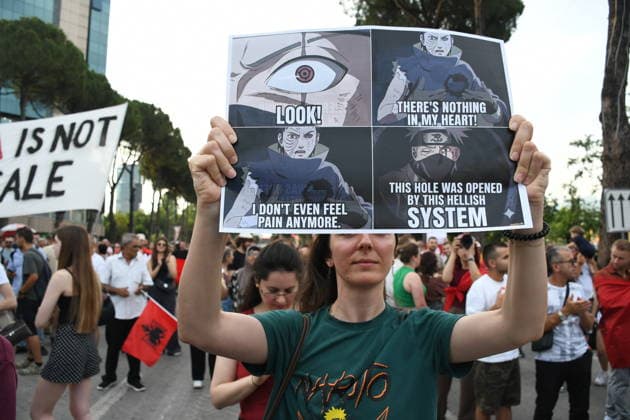 Protests against the Vlora tourism project continue in Albania TIRANA, ALBANIA - JUNE 11: People stage a protest against a planned tourism project in the Zvernec area of Avlonya (Vlora) as they gather at Skanderbeg Square in Tirana, Albania on June 11, 2026. Olsi Shehu Anadolu Tirana Albania. Editorial use only. Please get in touch for any other usage.  Copyright: x2026xAnadoluxOlsixShehux
