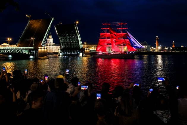 RUSSIA, ST PETERSBURG - JUNE 11, 2026: The Rossiya Russia brig sails on the Neva River during a rehearsal of the Scarlet Sails festival, an annual celebration for secondary school graduates. This year, the annual festival will be held on 27-28 June. Peter Kovalev TASS  93684116