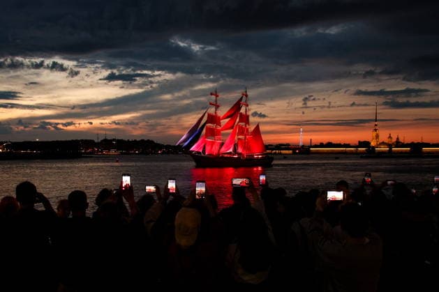RUSSIA, ST PETERSBURG - JUNE 11, 2026: The Rossiya Russia brig sails on the Neva River during a rehearsal of the Scarlet Sails festival, an annual celebration for secondary school graduates. This year, the annual festival will be held on 27-28 June. Peter Kovalev TASS  93684397