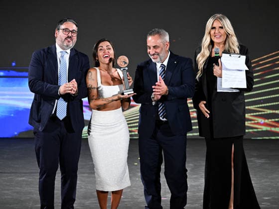 IPA85589820 - Taormina, 72nd Taormina Film Fest 2026 Night 2, Awards Ceremony Pictured: Felice Panebiando, Serena Brancale, Bernardo Campo, Tiziana Rocca  Copyright: xMaurizioxD avanzox xDxAvanzo Mangiarottix 85589820