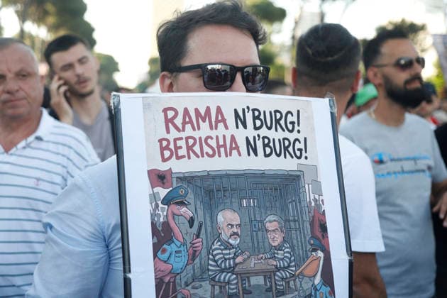 Protest against the construction of a luxury resort in Tirana, Albania. Protesters hold signs and Albanian national flags as they take part in a demonstration in front of the prime minister s office in Tirana on June 10, 2026, opposing the construction of a luxury resort in a protected natural area near the city of Vlore. Several thousand citizens demonstrated in Tirana for the ninth consecutive night to demand transparency on a luxury tourism complex project in the protected area of Narta Lagoon in the city of Vlore linked to US President Donald Trump s son-in-law Jared Kushner and his wife, Ivanka Trump. The project was planned for two areas along the Adriatic coast, the protected delta area of Vjosa-Narta and the nearby uninhabited islan Copyright: xLightxStudioxAgencyx xMaltonxDibrax