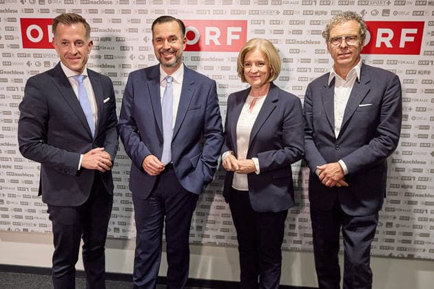 - Wien 12.06.2026 - Wahl ORF-Generaldirektor - Heute fand im ORF-Zentrum die vorgezogene Wahl des neuen Generaldirektors durch den ORF-Stiftungsrat statt. 9 Kandidatinnen waren zum heutigen Heraing vor dem Stiftungsrat geladen. Nach über 15 Stunden an Hearings der 9 KandidatInnen und der anschliessenden Wahl im Stiftungsrat wurde der die neue Generaldirektorin den Medien im Rahmen einer PK vorgestellt. PHOTO: Stiftungsratsvorsitzender Heinz Lederer (R SPÖ), der Vizevorsitzende des Stiftungrats Gregor Schütze (L ÖVP) und der neue ORF-Generaldirektor Clemens Pig (2vL) ehemaliger CEO der APA und die scheidende Generaldirektorin Ingrid Thurnher (2vR). Vienna (AUSTRIA) - Election of the ORF Director-General – Today, the ORF Foundation Bo 
