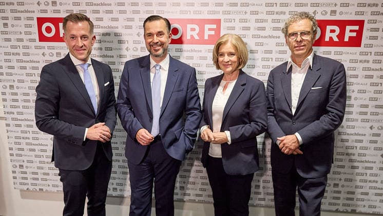 - Wien 12.06.2026 - Wahl ORF-Generaldirektor - Heute fand im ORF-Zentrum die vorgezogene Wahl des neuen Generaldirektors durch den ORF-Stiftungsrat statt. 9 Kandidatinnen waren zum heutigen Heraing vor dem Stiftungsrat geladen. Nach über 15 Stunden an Hearings der 9 KandidatInnen und der anschliessenden Wahl im Stiftungsrat wurde der die neue Generaldirektorin den Medien im Rahmen einer PK vorgestellt. PHOTO: Stiftungsratsvorsitzender Heinz Lederer (R SPÖ), der Vizevorsitzende des Stiftungrats Gregor Schütze (L ÖVP) und der neue ORF-Generaldirektor Clemens Pig (2vL) ehemaliger CEO der APA und die scheidende Generaldirektorin Ingrid Thurnher (2vR). Vienna (AUSTRIA) - Election of the ORF Director-General – Today, the ORF Foundation Bo 