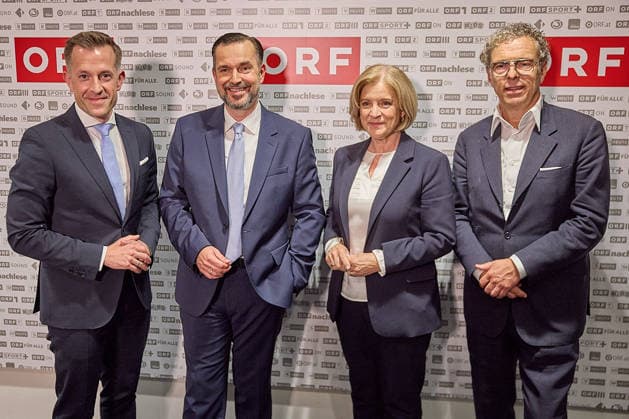 - Wien 12.06.2026 - Wahl ORF-Generaldirektor - Heute fand im ORF-Zentrum die vorgezogene Wahl des neuen Generaldirektors durch den ORF-Stiftungsrat statt. 9 Kandidatinnen waren zum heutigen Heraing vor dem Stiftungsrat geladen. Nach über 15 Stunden an Hearings der 9 KandidatInnen und der anschliessenden Wahl im Stiftungsrat wurde der die neue Generaldirektorin den Medien im Rahmen einer PK vorgestellt. PHOTO: Stiftungsratsvorsitzender Heinz Lederer (R SPÖ), der Vizevorsitzende des Stiftungrats Gregor Schütze (L ÖVP) und der neue ORF-Generaldirektor Clemens Pig (2vL) ehemaliger CEO der APA und die scheidende Generaldirektorin Ingrid Thurnher (2vR). Vienna (AUSTRIA) - Election of the ORF Director-General – Today, the ORF Foundation Bo 