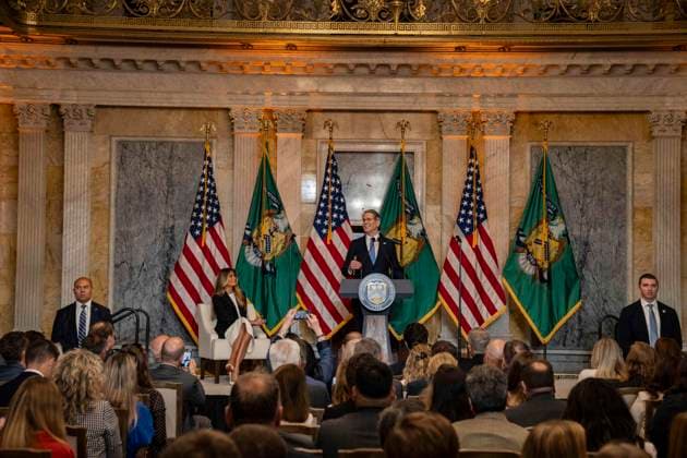 Melania Trump Launches ‘Fostering the Future Accounts’ United States Secretary of the Treasury Scott Bessent speaks as first lady Melania Trump hosts an event launching ‘Fostering the Future Accounts’ in the US Treasury Building in Washington, DC, USA, on Thursday, June 11, 2026. These accounts are technically Trump Accounts, authorized by the One Big Beautiful Bill, that at the urging of the first lady, authorized certain agencies to open accounts for children in foster care who do not have another legal guardian. Photo by Andrew Thomas CNP ABACAPRESS.COM Washington District of Columbia United States  Copyright: xCNP ABACAx