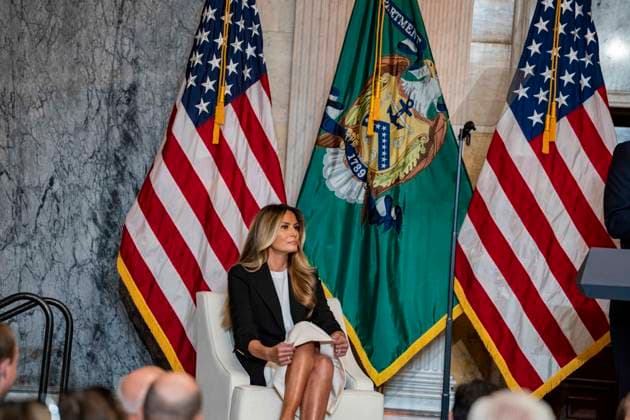 June 11, 2026, Washington, District Of Columbia, USA: First lady Melania Trump listens as she hosts an event launching ˜Fostering the Future Accounts™ with US Secretary of the Treasury Scott Bessent in the US Treasury Building in Washington, DC, USA, on Thursday, June 11, 2026. These accounts are technically Trump Accounts, authorized by the One Big Beautiful Bill, that at the urging of the first lady, authorized certain agencies to open accounts for children in foster care who do not have another legal guardian Washington USA - ZUMAs152 20260611_faa_s152_057 Copyright: xAndrewxThomasx