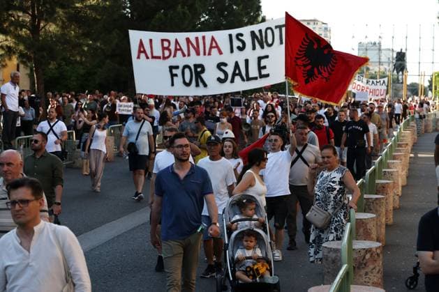 11th Day of Anti-Kushner Protests TIRANA, ALBANIA JUNE 10, 2026: Environmental activists, civil society groups, families and young people take part in the eleventh consecutive day of protests against a proposed luxury tourism development project linked to Jared Kushner. Demonstrators gathered in central Tirana and outside government institutions carrying banners, Albanian flags and symbolic installations while calling for the cancellation of the project. The rally attracted a larger turnout than previous days, as participants continued to voice concerns over the proposed coastal development and its potential environmental impact. The ongoing protest movement has brought together a broad coalition of activists, residents and civic groups