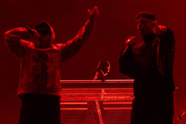 June 12, 2026, Porto, Portugal: MÃ›glaÃa Bap, Mo Chara and DJ PrÃ›vaÃa of the Irish hip?hop group Kneecap perform together during the first day of Primavera Sound Porto 2026 at Parque da Cidade. Porto Portugal  - ZUMAs197 20260612_aaa_s197_013 Copyright: xDiogoxBaptistax