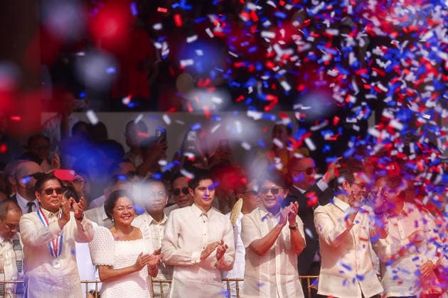 Philippines holds military parade to mark 128th Independence Day MANILA, PHILIPPINES - JUNE 12: Philippine President Ferdinand Bongbong Romualdez Marcos (L) and other senior officials react to a burst of ribbons, during a ceremony marking the 128th anniversary of Independence Day, in Manila, Philippines, on June 12, 2026. The military parade, which is consisted of the Air Force, Army and Navy and other forces, features different weapons and military assets, including the Israel-made The SPYDER Surface-to-air Missile Systems and Sabrah light tanks. It comes at a time of heightened tensions between Beijing and Manila in the South China Sea. Daniel Ceng Anadolu Manila Philippines. Editorial use only. Please get in touch for any other usag  Copyright: x2026xAnadoluxDanielxCengx