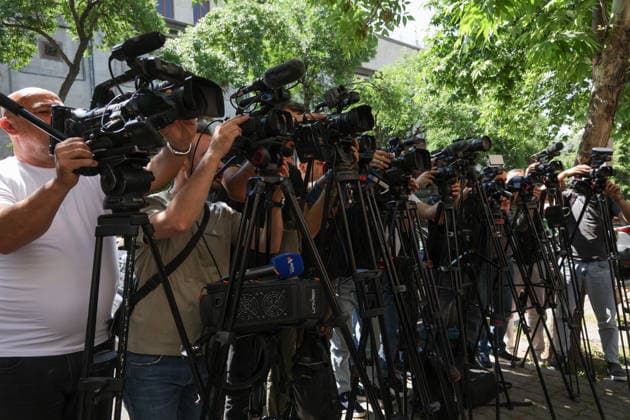 ARMENIA, YEREVAN - JUNE 12, 2026: Journalists gather outside as the Strong Armenia opposition party files a request to the Central Election Commission to annul the results of the June 7 election to the National Assembly. Alexander Patrin TASS  93695786
