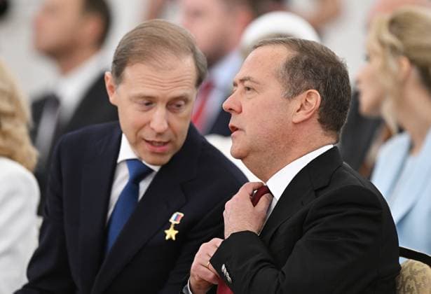 Russia Putin State Awards Presentation 9188328 12.06.2026 Russian First Deputy Prime Minister Denis Manturov, left, and Deputy Chairman of the Russian Security Council Dmitry Medvedev wait before a ceremony to present the State Awards for achievements in science and technology, literature and arts, and humanitarian activity, as well as the Hero of Labour gold medals, at the Kremlin in Moscow, Russia. Sergey Bobylev Sputnik Moscow Russia  Copyright: xSergeyxBobylevx