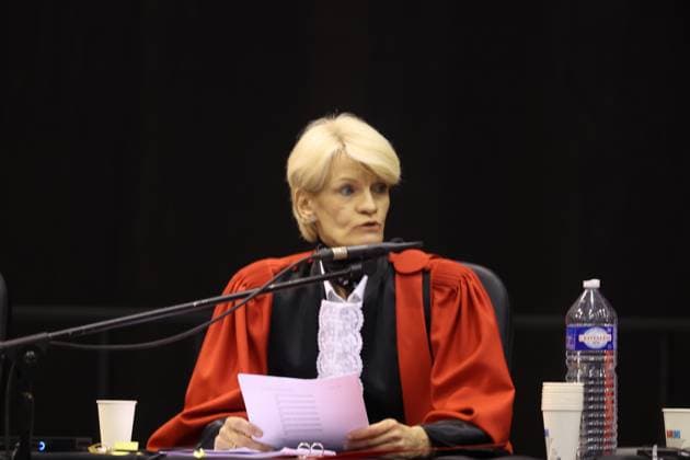 Court chairwoman Martine Baes pictured during the verdict session of the trial of P. and A. Falzone, at the Court of Appeal of Mons, on Friday 12 June 2026. The trial of the two men concerns the 2022 tragedy in Strepy-Bracquegnies, where a car plowed into a carnival parade around 5:00. Six people died at the scene, and a seventh months later in the hospital. P. Falzone is charged with seven murder and 81 attempted murder. A. Falzone with failure to render aid to a person in danger.  VIRGINIExLEFOUR 177312713