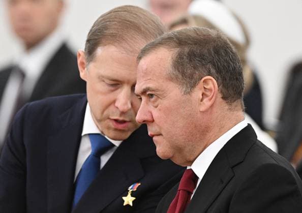 Russia Putin State Awards Presentation 9188345 12.06.2026 Russian First Deputy Prime Minister Denis Manturov, left, and Deputy Chairman of the Russian Security Council Dmitry Medvedev wait before a ceremony to present the State Awards for achievements in science and technology, literature and arts, and humanitarian activity, as well as the Hero of Labour gold medals, at the Kremlin in Moscow, Russia. Sergey Bobylev Sputnik Moscow Russia  Copyright: xSergeyxBobylevx