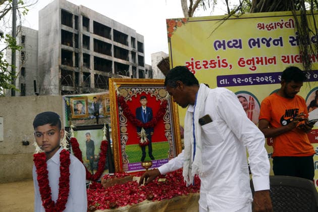 Prayer meeting held in memory of Air India Flight 171 plane crash victims in Ahmedabad AHMEDABAD, INDIA - JUNE 12: People set up portraits of Air India 171 plane crash victims in tribute to them at the crash site on the first anniversary of the disaster in Ahmedabad, India on June 12, 2026. Stringer Anadolu Ahmedabad India. Editorial use only. Please get in touch for any other usage.  Copyright: x2026xAnadoluxStringerx