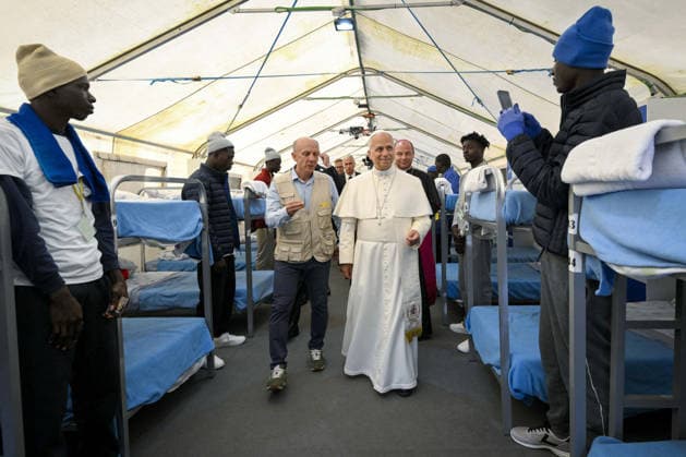 Pope Leo XIV Meets With Migrants in Tenerife - Canary Islands Pope Leo XIV meets with migrants at the Las Raices Center in Tenerife during his stay in the Canary Islands on June 12, 2026 on the seventh day of his pastoral visit to Spain. After listening to the stories of migrants, who have risked long and perilous journeys across the Atlantic to reach Europe, the pope expressed his closeness to them and all migrants. Photo by (EV) Simone Risoluti Vatican Media ABACACAPRESS.COM Canary Islands Spain  Copyright: xABACAx