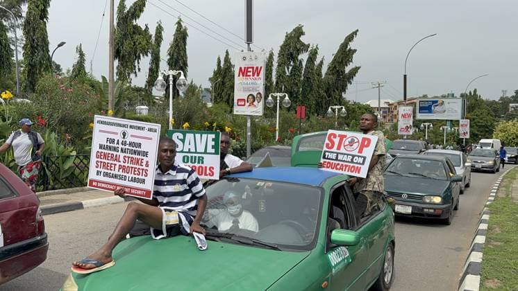 Protesters rally against security and economic challenges on Nigeria s Democracy Day ABUJA, NIGERIA - JUNE 12: Protesters gather during a demonstration marking Democracy Day, voicing concerns over worsening security and economic challenges in Abuja, Nigeria, on June 12, 2026. Demonstrators chanted anti-government slogans and carried banners highlighting growing insecurity, mass abductions of students from schools and ongoing economic hardships. Adam Abu-bashal Anadolu Abuja Nigeria. Editorial use only. Please get in touch for any other usage.  Copyright: x2026xAnadoluxAdamxAbu-bashalx
