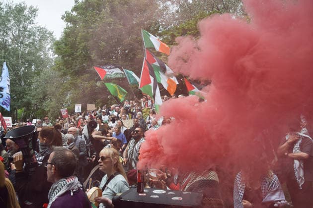 June 12, 2026, London, England, United Kingdom: Protesters set off a smoke flare outside Woolwich Crown Court during the sentencing of the activists known as the Filton 4, associated with Palestine Action. The judge will rule whether the activists will be sentenced as terrorists , following their convictions for criminal damage after a direct action at the factory of arms company Elbit Systems in Filton, close to Bristol. London United Kingdom - ZUMAv130 20260612_zip_v130_028 Copyright: xVukxValcicx