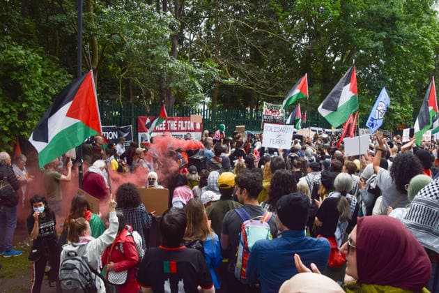 June 12, 2026, London, England, United Kingdom: Protesters gather outside Woolwich Crown Court during the sentencing of the activists known as the Filton 4, associated with Palestine Action. The judge will rule whether the activists will be sentenced as terrorists , following their convictions for criminal damage after a direct action at the factory of arms company Elbit Systems in Filton, close to Bristol. London United Kingdom  - ZUMAv130 20260612_zip_v130_055 Copyright: xVukxValcicx