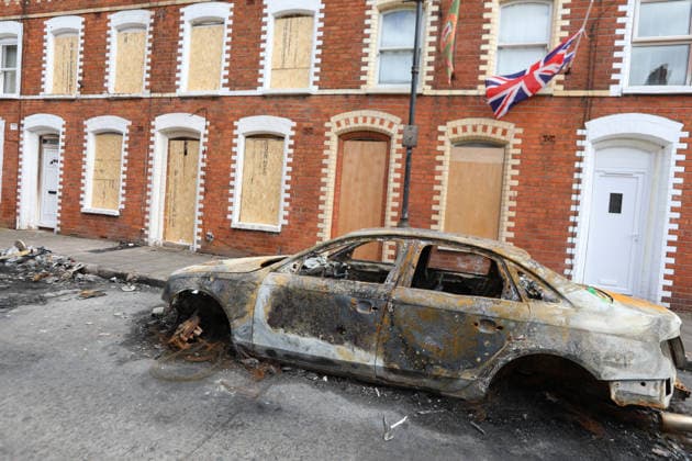 Aftermath of the race riots in Belfast BELFAST, NORTHERN IRELAND - JUNE 12: A view of a burned car on the street as a clean-up operation is under way after a race riots erupted in Belfast, Northern Ireland, on June 12, 2026. Twelve police officers were injured and 27 people made homeless during two nights of unrest. Conor McCaughley Anadolu Belfast Northern Ireland. Editorial use only. Please get in touch for any other usage.  Copyright: x2026xAnadoluxConorxMcCaughleyx