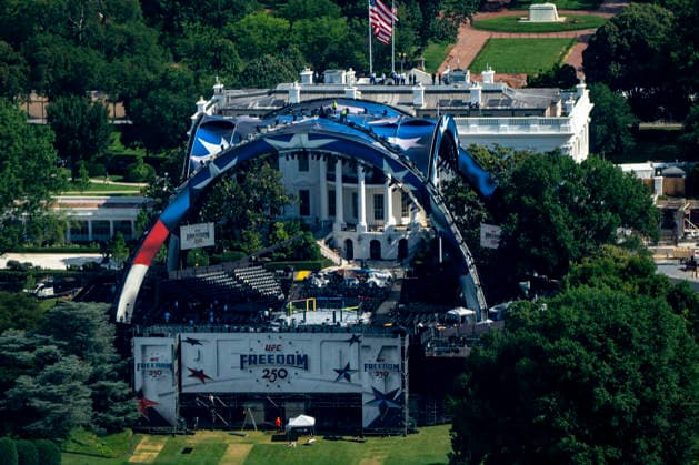 The Ultimate Fighting Championship (UFC) Freedom 250 arena is seen from the Washington Monument in Washington, DC on Friday, June 12, 2026. President Donald Trump is hosting a series of fighting matches on the South Lawn on Flag Day and his 80th birthday, June 14, in honor of America s 250th birthday.  WAP20260612371 BONNIExCASH