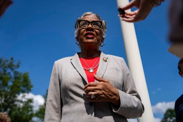 Rep. Joyce Beatty, D-OH, speaks to reporters as cfonstruction workers build a scaffolding near the sign for the Donald J. Trump and The John F. Kennedy Memorial Center for the Performing Arts in Washington, DC on Friday, June 12, 2026. The Kennedy Center board voted to seek an emergency appeal to block a court order requiring the removal of President Trump s name from the Kennedy Center, but a judge denied their request. Beatty serves as an ex-officio Kennedy Center board member.  WAP20260612418 BONNIExCASH