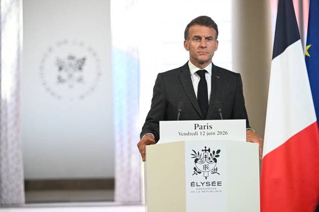 Press Conference of Emmanuel Macron and Mark Carney - Paris France s President Emmanuel Macron pictured during a press conference ahead of a bilateral meeting with Canada s Prime Minister at the Elysee Presidential Palace, in Paris, France on June 12, 2026. Photo by Eric Tschaen Pool ABACAPRESS.COM paris France  Copyright: xTschaenxEric Pool ABACAx