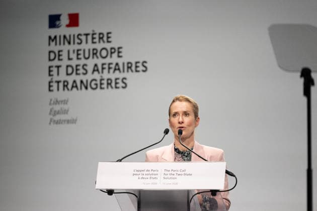 Press conference during the Paris Call for the Two-State Solution - Paris European Union Foreign policy chief Kaja Kallas during the Paris Call for the Two-State Solution with Israeli and Palestinian civil society groups at the Insitut du Monde Arabe - IMA (Institute of the Arab World) in Paris, France on June 12, 2026. France is hosting this international meeting, attended by ministers from Brazil, Canada, the United Arab Emirates and Turkey, as well as the EU s High Representative for Foreign Affairs, following its recognition of the State of Palestine in 2025. French Foreign Minister Barrot reiterated Paris support for the two-state solution, stating that this year could be decisive at the close of the conference. Photo by Gregoire Ca  Copyright: xCampionexGregoire Pool ABACAx