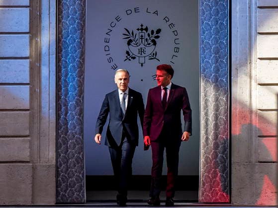 June 12, 2026, Paris, France: Canadian Prime Minister Mark Carney, left, and French President Emmanuel Macron enter to give remarks at the Palais de löÄÃ Elysee in Paris, on Friday, June 12, 2026. Paris France  - ZUMAc35_ 20260612_zaf_c35_135 Copyright: xChristopherxKatsarovx