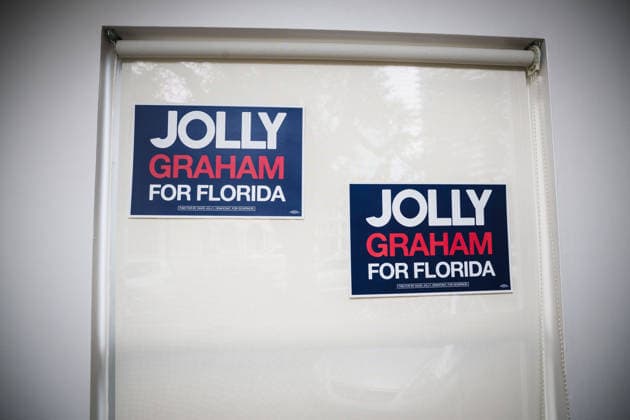 June 12, 2026, Tampa, Florida, USA: Campaign signs struck to a window as Democratic gubernatorial candidate DAVID JOLLY holds a campaign rally at The WomanÃ¢â‚¬â ¢s Club in South Tampa while introducing Rep. GWEN GRAHAM as his running mate for Lieutenant Governor. Tampa USA - ZUMAd256 20260612_znp_d256_030 Copyright: xDavexDeckerx