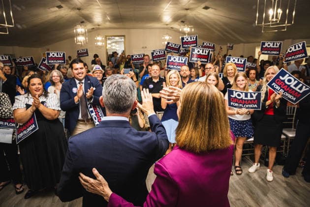 June 12, 2026, Tampa, Florida, USA: Democratic gubernatorial candidate DAVID JOLLY holds a campaign rally at The WomanÃ¢â‚¬â ¢s Club in South Tampa while introducing Rep. GWEN GRAHAM as his running mate for Lieutenant Governor. Tampa USA - ZUMAd256 20260612_znp_d256_033 Copyright: xDavexDeckerx