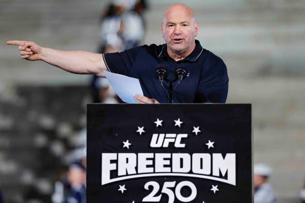 UFC President and CEO Dana White speaks during the UFC Freedom 250 press conference at the Lincoln Memorial in Washington, DC on Friday, June 12, 2026. President Donald Trump is hosting a series of fighting matches on the South Lawn on Flag Day and his 80th birthday, June 14, in honor of America s 250th birthday.  WASP20260612720 SHAWNxTHEW