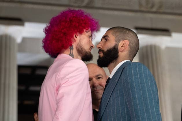 Ultimate Fighting Championship (UFC) fighters Sean O Malley (L) and Aiemann Zahabi (R) face off at a news conference at the Lincoln Memorial ahead of the planned UFC Freedom250 fight in Washington, DC, US, on Friday, June 12, 2026. MAGA Inc. and administration insiders will be out in force in Washington on President Donald Trump s birthday weekend, with events ranging from a super PAC dinner to mixed martial arts at the White House.  WASP20260612750 ANDREWxLEYDEN