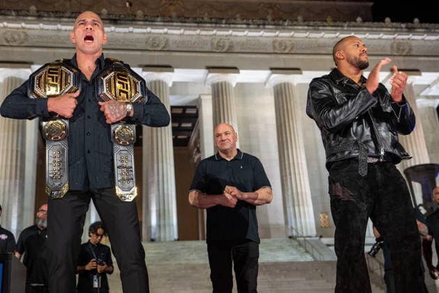 Ultimate Fighting Championship (UFC) fighters Alex Pereira (L) and Ciryl Gane (R) face off at a news conference at the Lincoln Memorial ahead of the planned UFC Freedom250 fight in Washington, DC, US, on Friday, June 12, 2026. MAGA Inc. and administration insiders will be out in force in Washington on President Donald Trump s birthday weekend, with events ranging from a super PAC dinner to mixed martial arts at the White House.  WASP20260612751 ANDREWxLEYDEN