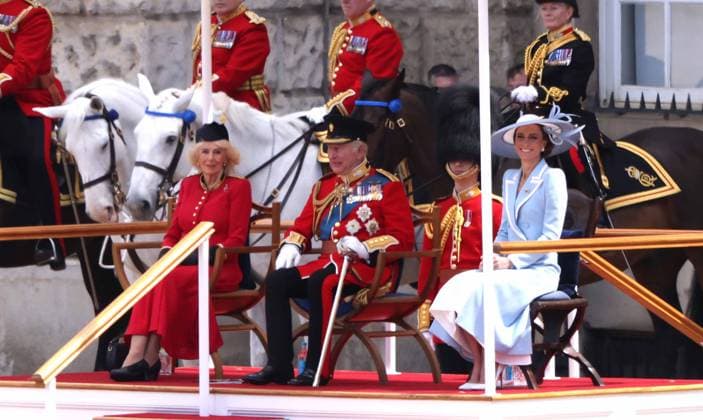 Queen Camilla, King Charles III, Catherine The Princess of Wales, at The King™s Birthday Parade, Trooping The Colour, takes places on Horse Guard™s Parade as The King™s Company, 1st Battalion Grenadier Guards, troop their colour in front of King Charles III. 1,350 soldiers, The Household Division and the King s Troop Royal Horse Artillery were in attendance, A flypast took place along The Mall and over Buckingham Palace, and included aircraft old and new, and was completed by the famous Red Arrows. Trooping The Colour, London, 13th June, 2026.  .