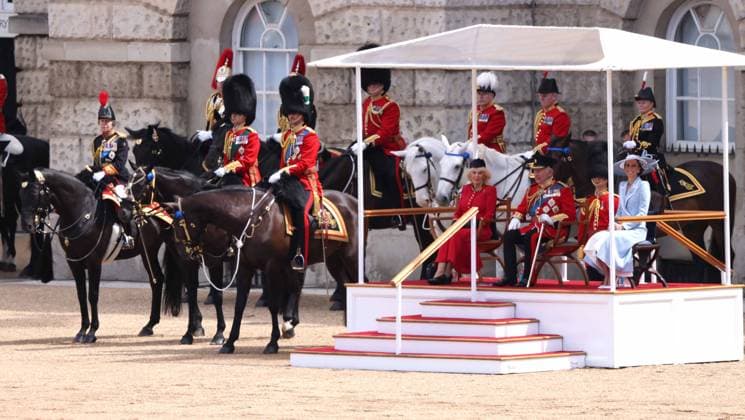 Queen Camilla, King Charles III, Catherine The Princess of Wales, at The King™s Birthday Parade, Trooping The Colour, takes places on Horse Guard™s Parade as The King™s Company, 1st Battalion Grenadier Guards, troop their colour in front of King Charles III. 1,350 soldiers, The Household Division and the King s Troop Royal Horse Artillery were in attendance, A flypast took place along The Mall and over Buckingham Palace, and included aircraft old and new, and was completed by the famous Red Arrows. Trooping The Colour, London, 13th June, 2026.  .