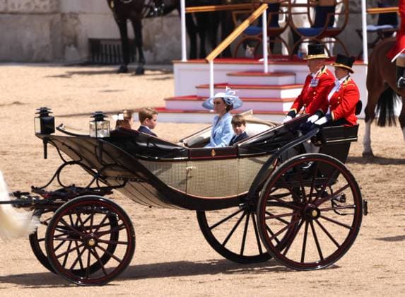 Princess Charlotte, Prince George, Catherine The Princess of Wales, and Prince Louis, at The King™s Birthday Parade, Trooping The Colour, takes places on Horse Guard™s Parade as The King™s Company, 1st Battalion Grenadier Guards, troop their colour in front of King Charles III. 1,350 soldiers, The Household Division and the King s Troop Royal Horse Artillery were in attendance, A flypast took place along The Mall and over Buckingham Palace, and included aircraft old and new, and was completed by the famous Red Arrows. Trooping The Colour, London, 13th June, 2026.  .